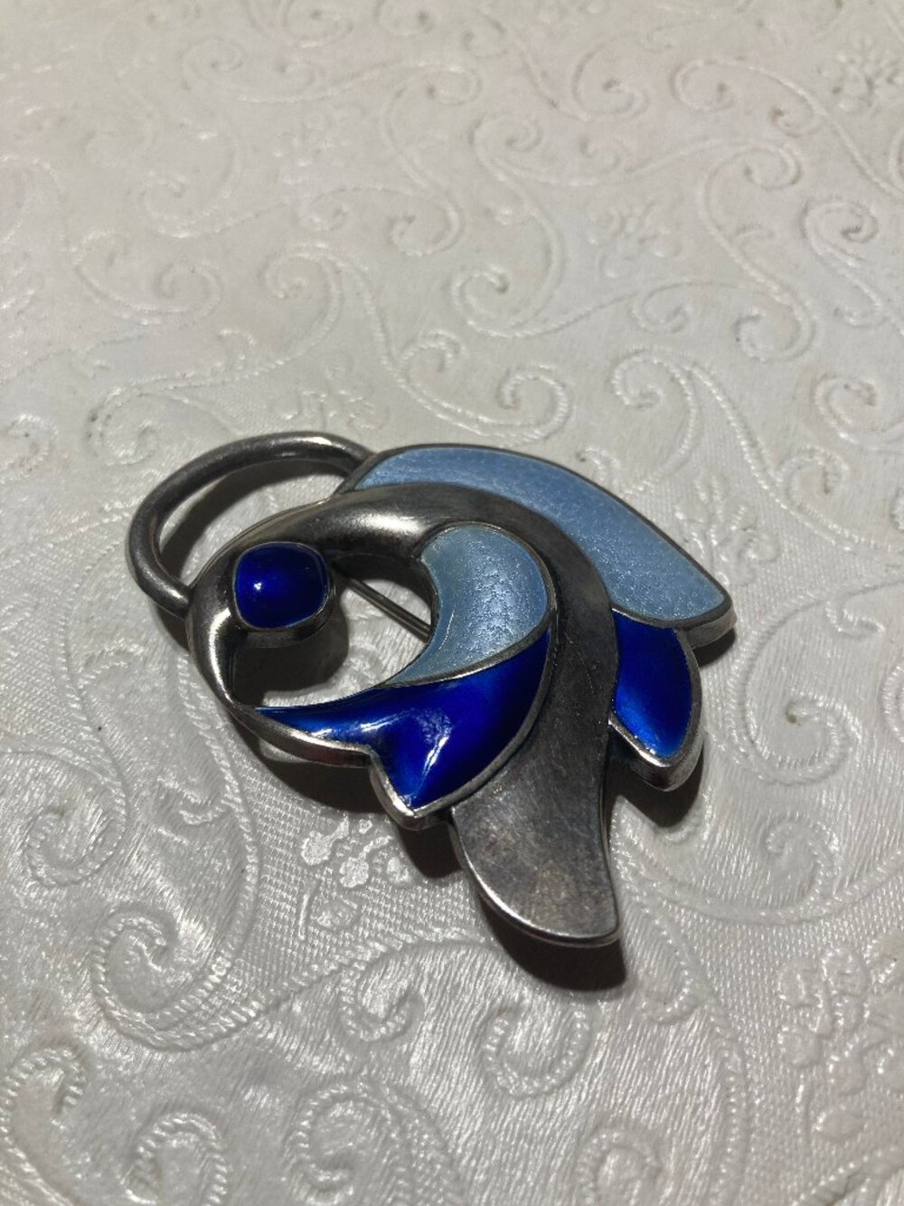 J Tostrup Pin Sterling Modernist Abstract Bird Light & Dark Blue Enamel Silver